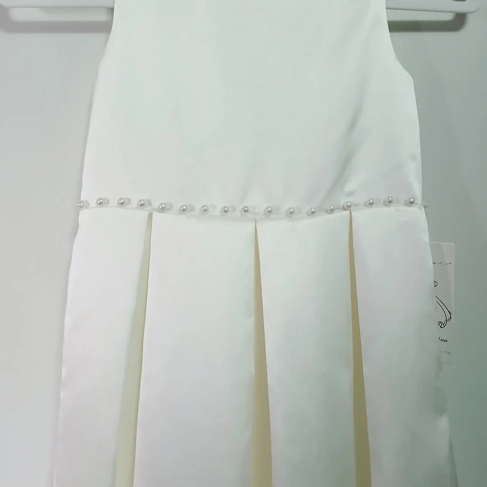 White Satin Flower Girl Dress Pearl Waist Back Bow Size 10 NEW
